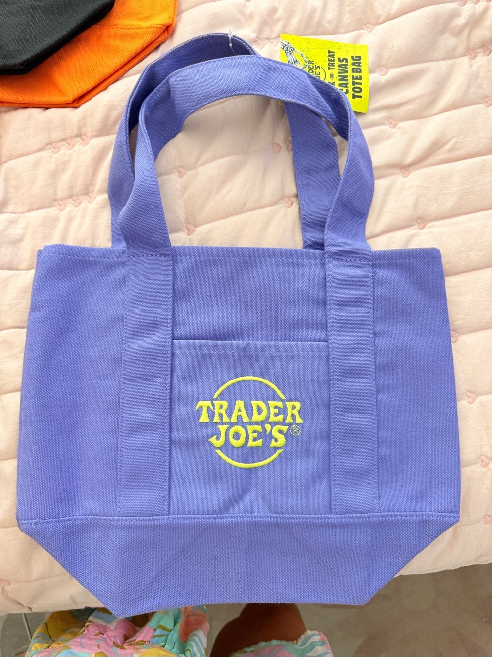 Trader Joe's Lavender Canvas Tote with Yellow/neon green Logo